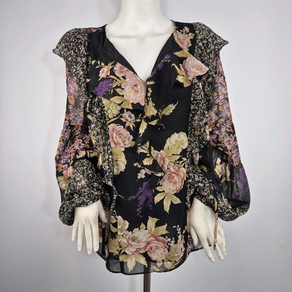 Lauren Ralph Lauren Tops - Ralph Lauren Womens Floral Ruffle-Trim Georgette Blouse Black  Size XL NWT (26)